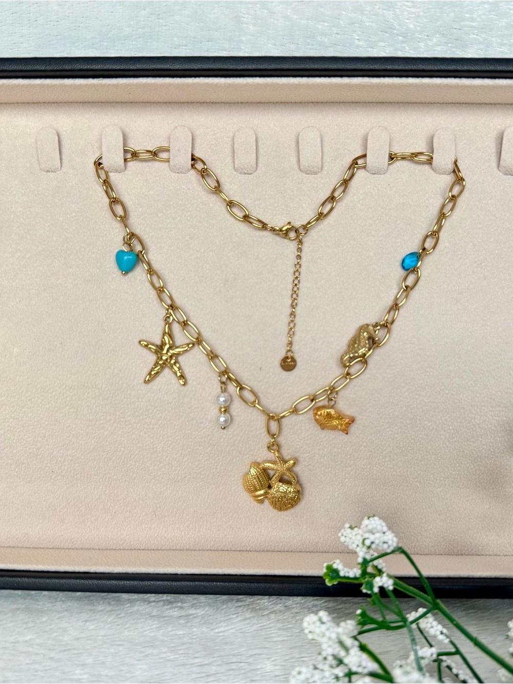 Boho Gold Shell & Starfish Charm Necklace with Turquoise Accents